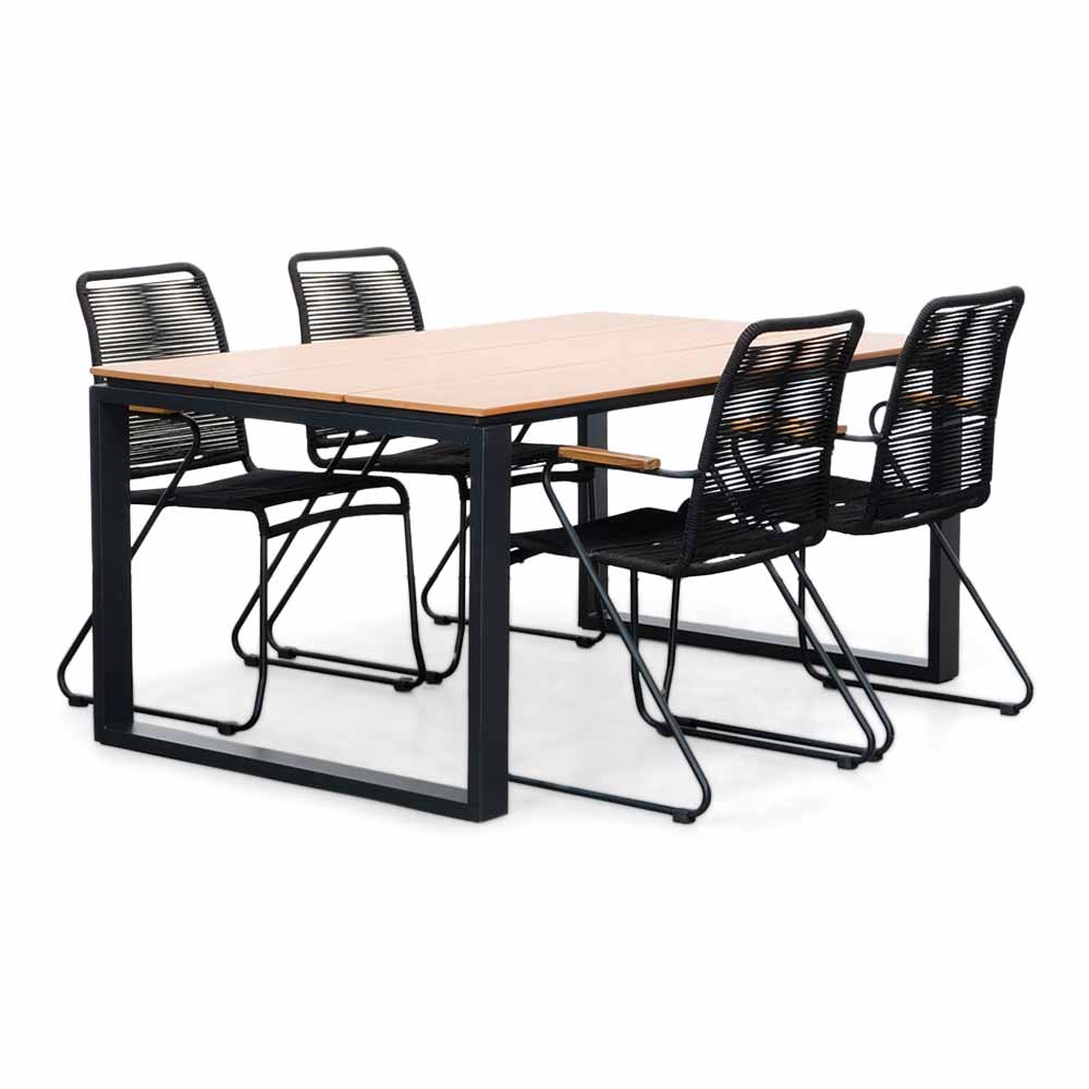 Helsinki Natural/Gladys zwart dining tuinset | 4 personen | polywood + touw | 160cm