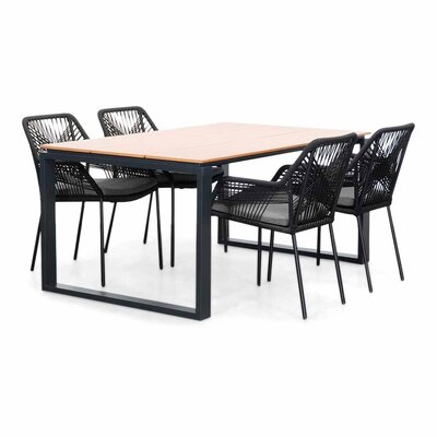 Helsinki Natural/Seville zwart dining tuinset | 4 personen | polywood + touw | 160cm