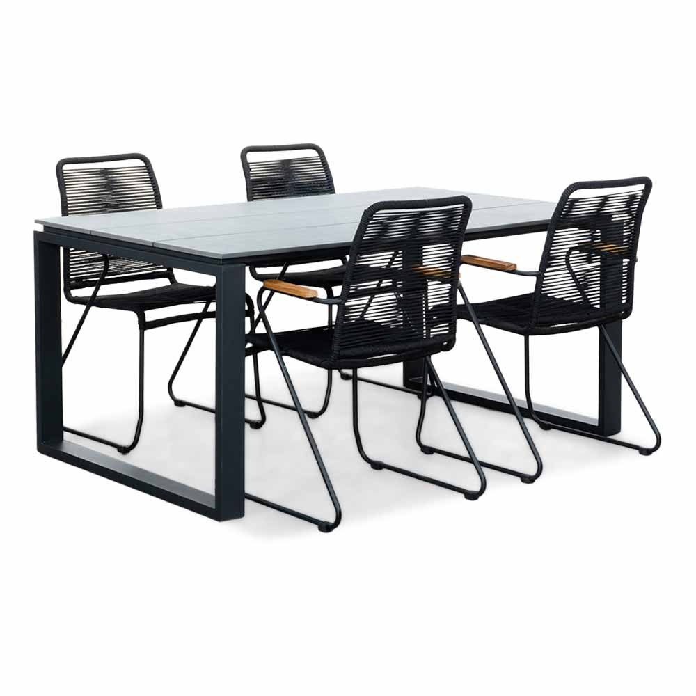 Helsinki Grey/Gladys zwart dining tuinset | 4 personen | polywood + touw | 160cm