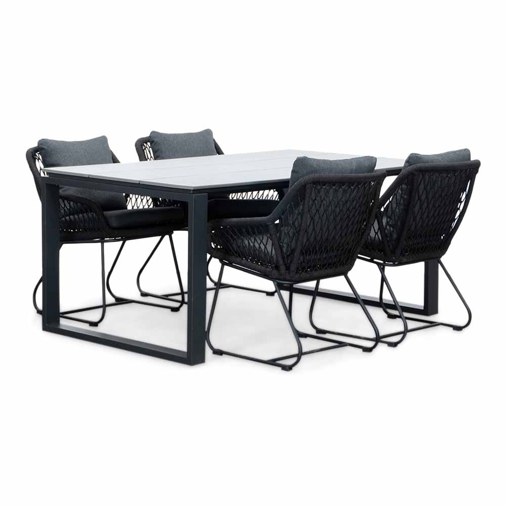 Helsinki Grey/Portofino zwart dining tuinset | 4 personen | polywood + touw | 160cm