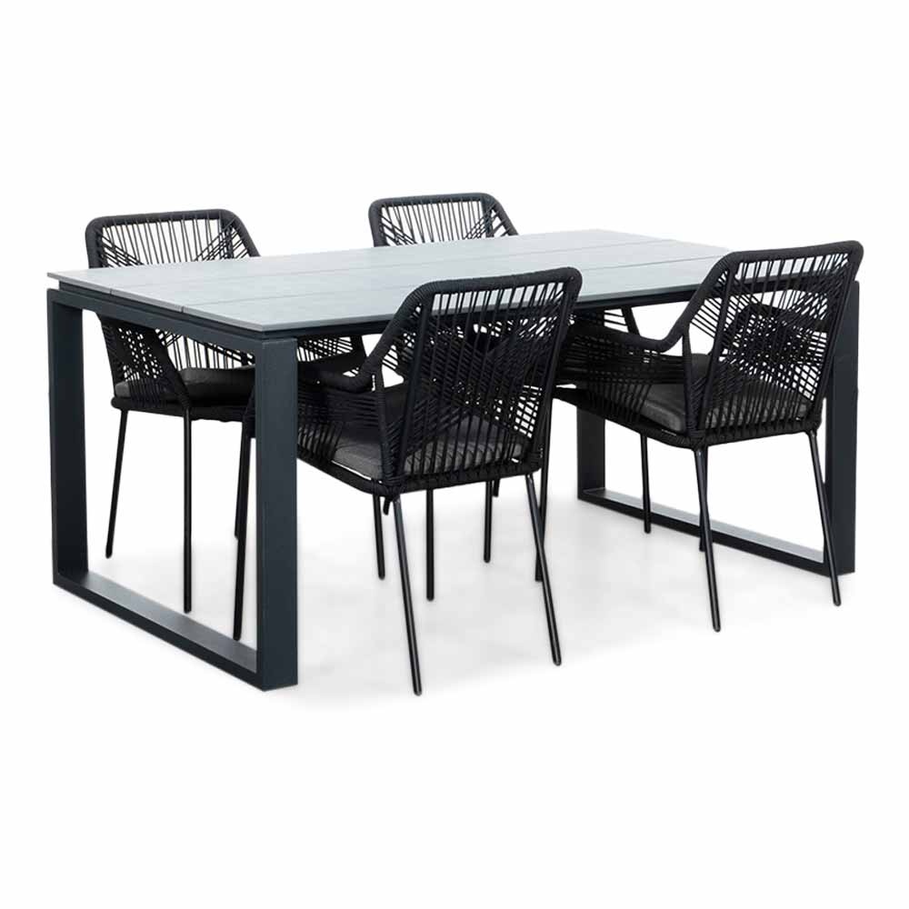 Helsinki Grey/Seville zwart dining tuinset | 4 personen | polywood + touw | 160cm