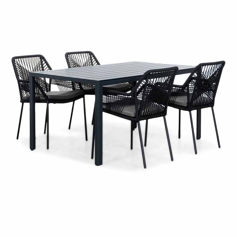 Manchester/Seville zwart dining tuinset 5-delig | aluminium + touw | 150cm