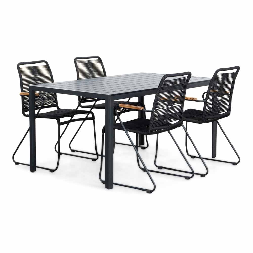 Manchester/Gladys zwart dining tuinset | 4 personen | aluminium + touw | 150cm