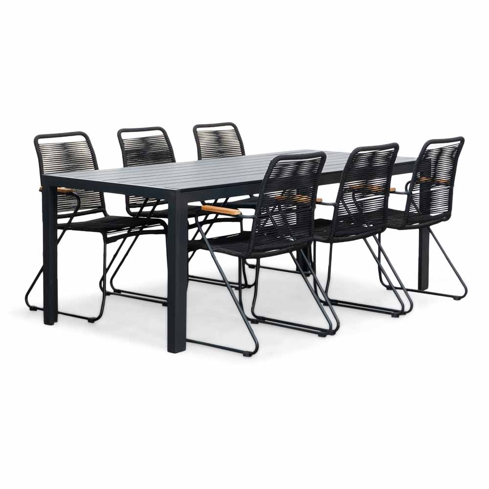 Manchester/Gladys zwart dining tuinset | 6 personen | aluminium + touw | 205cm