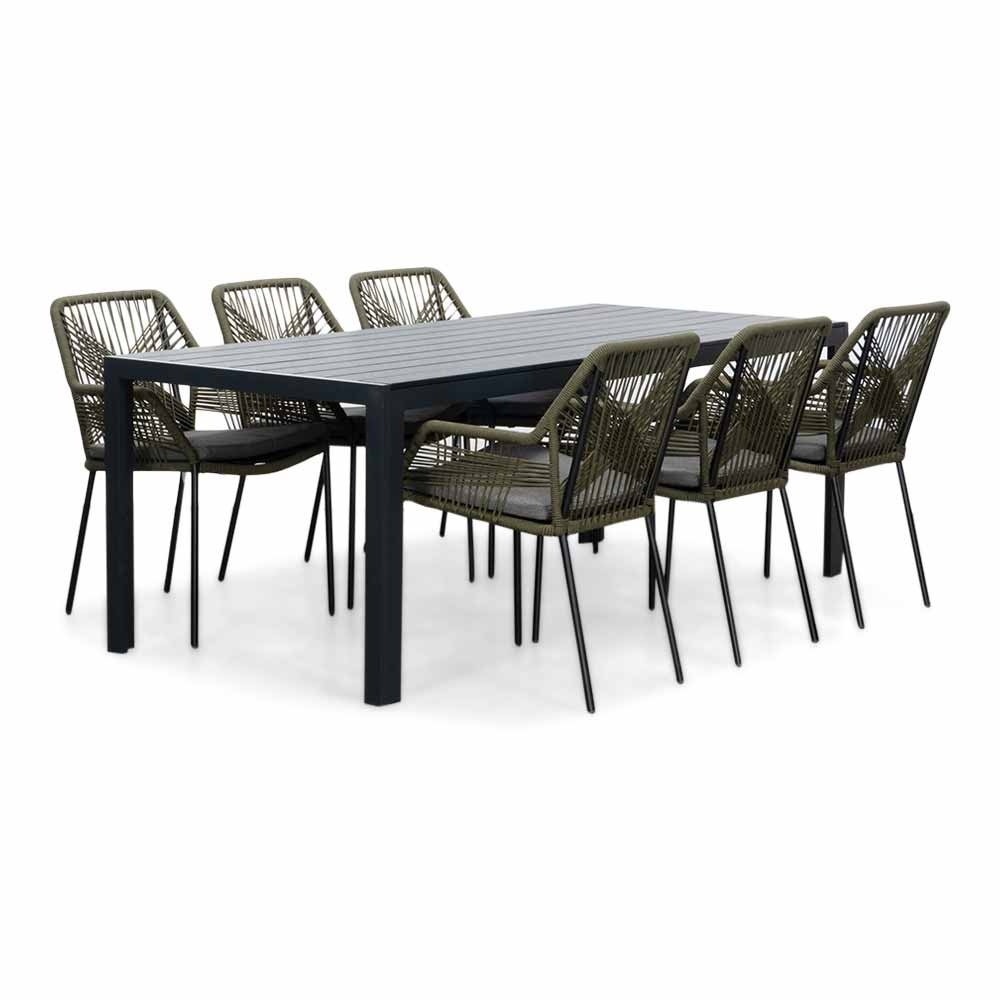 Manchester/Seville olijfgroen dining tuinset | 6 personen | aluminium + touw | 205cm