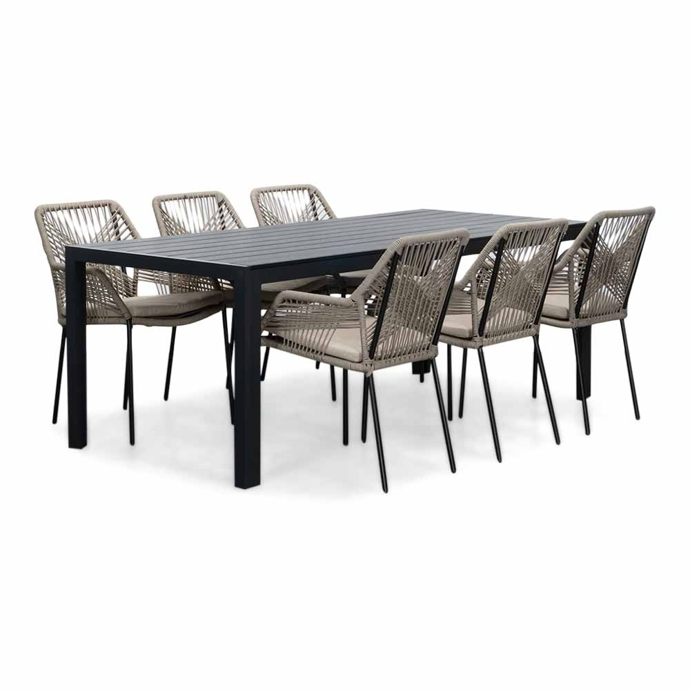 Manchester/Seville zand dining tuinset | 6 personen | aluminium + touw | 205cm afbeelding