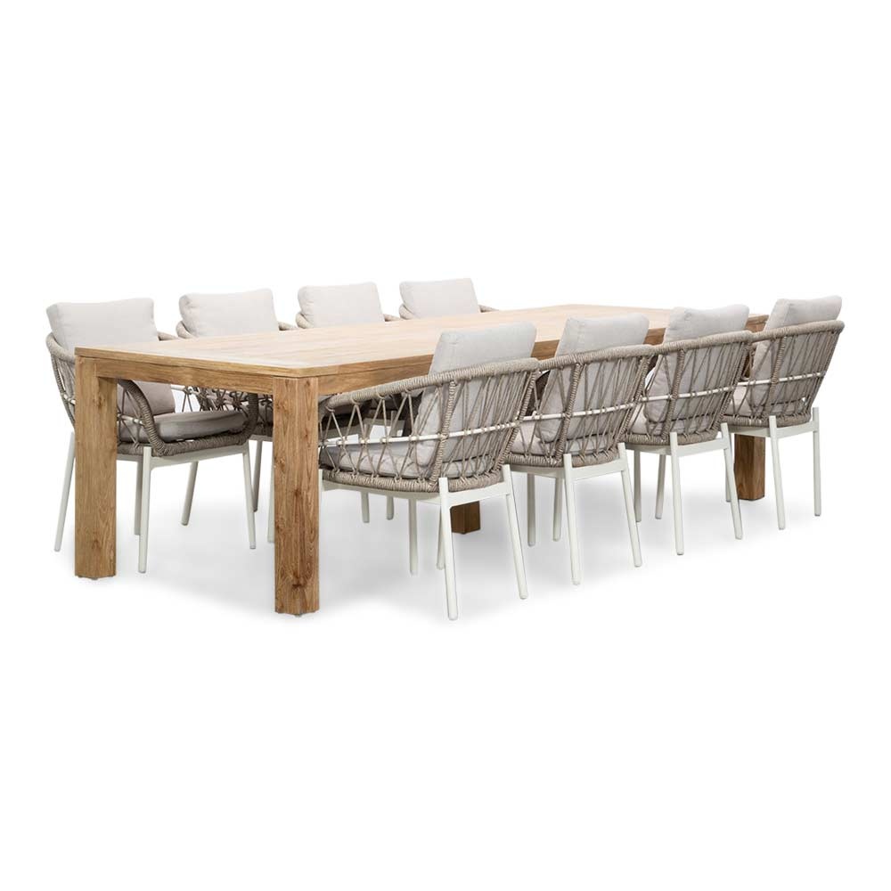 Victoria/Dakota beige/wit dining tuinset | 8 personen | teakhout + touw | 300cm