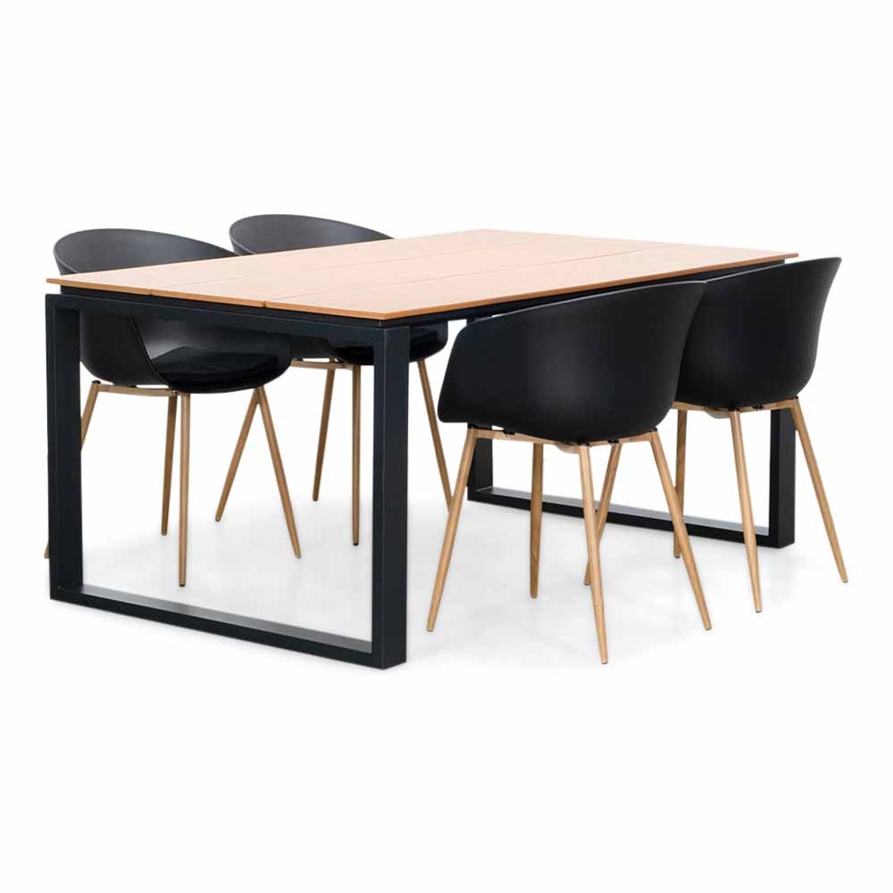 Helsinki Natural/Rikki hout zwart dining tuinset | 4 personen | polywood + kunststof | 160cm