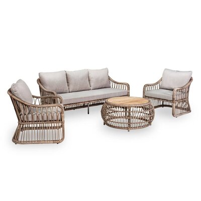 Bruno stoel-bank loungeset 5 personen | wicker + teakhout | Desert Tan | 4-delig