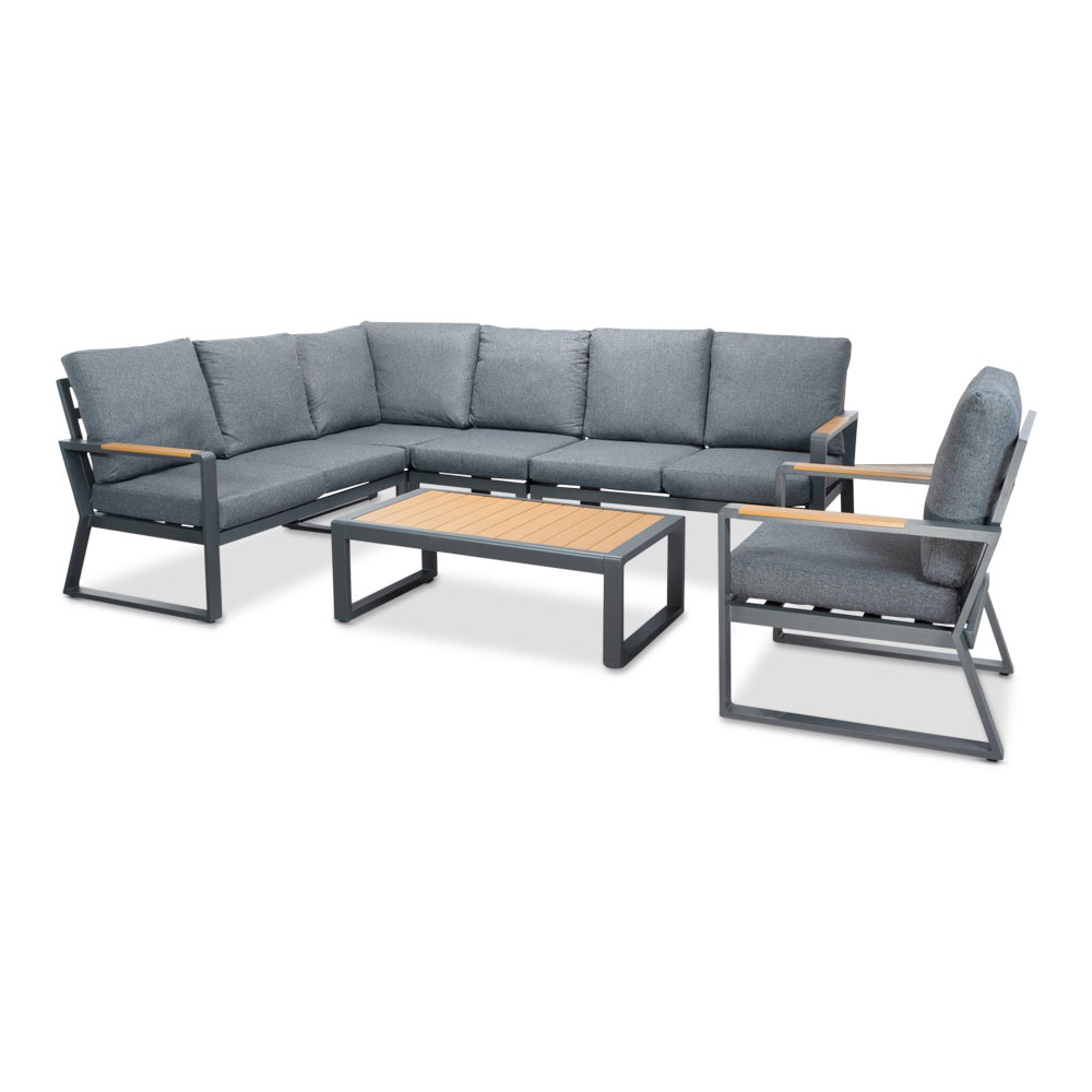 Vancouver hoek loungeset met stoel 6 personen | aluminium + polywood | antraciet | 6-delig - 270x210cm