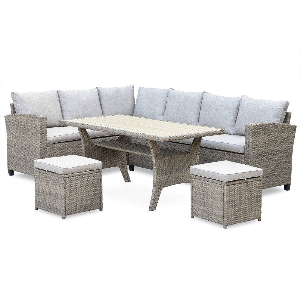 Stockholm dining loungeset met hockers 8 personen | wicker | zand | 5-delig - 245x169cm