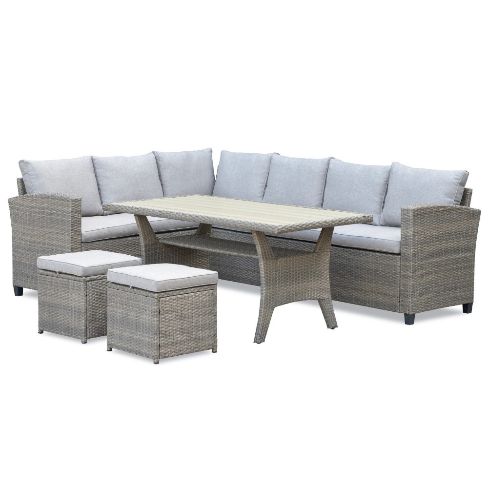 Stockholm dining loungeset met hockers 8 personen | wicker | zand | 5-delig - 245x169cm