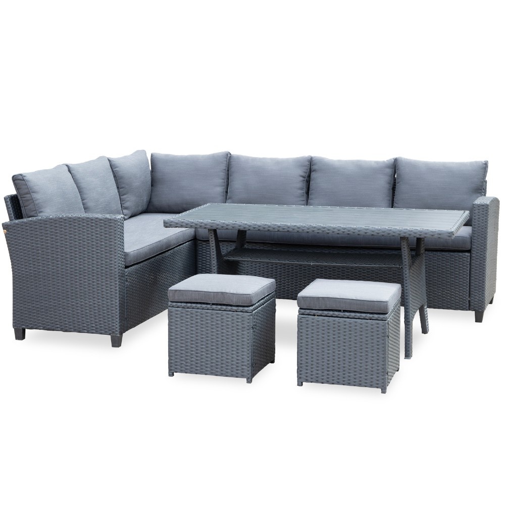Stockholm dining loungeset met hockers 8 personen | wicker | zwart | 5-delig - 245x169cm
