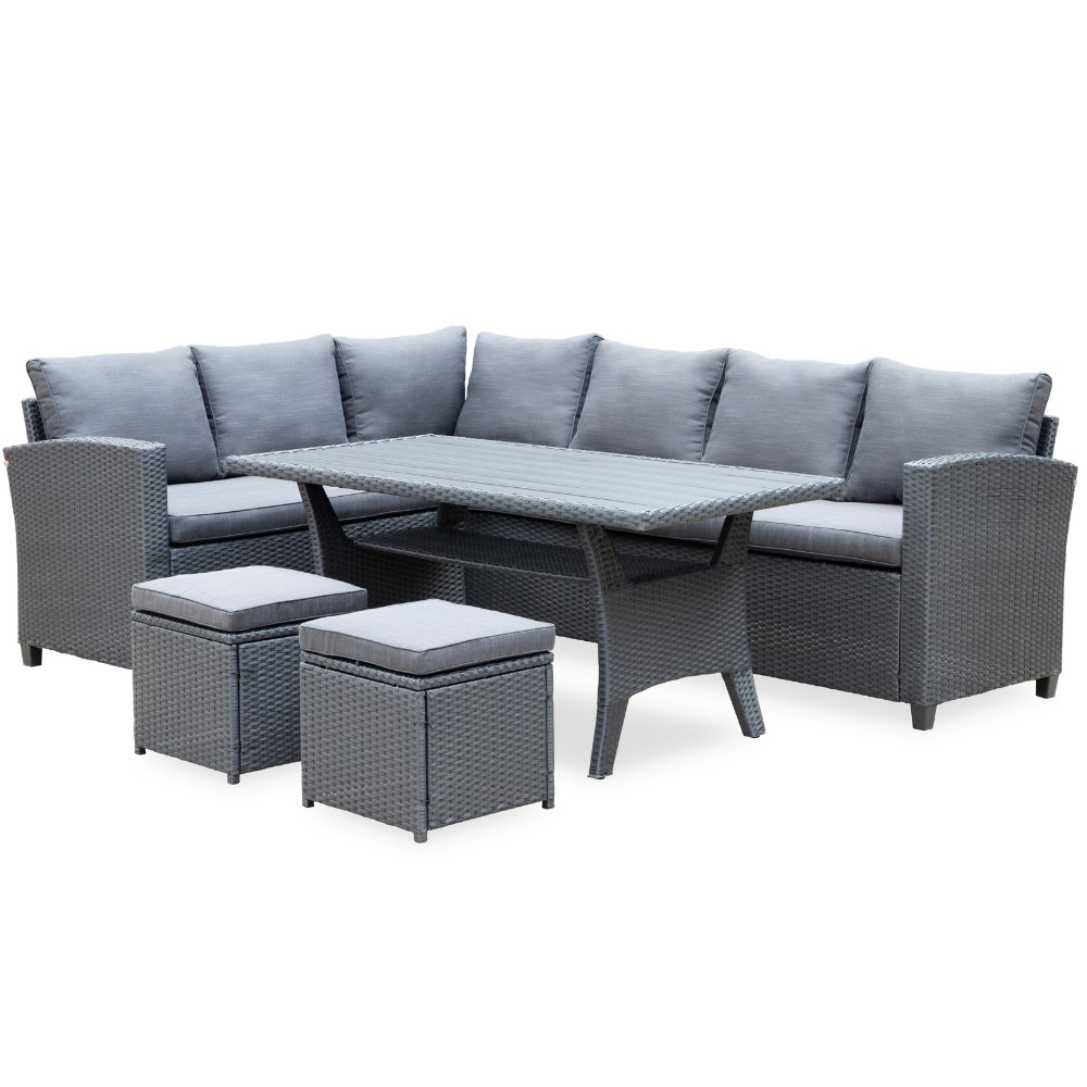 Stockholm dining loungeset met hockers 8 personen | wicker | zwart | 5-delig - 245x169cm