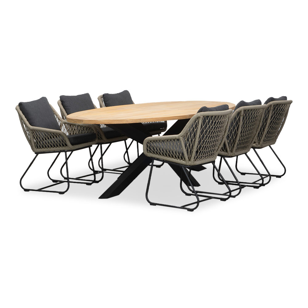 Cleve/Portofino zand dining tuinset | 6 personen | teakhout + touw | 240cm ovaal