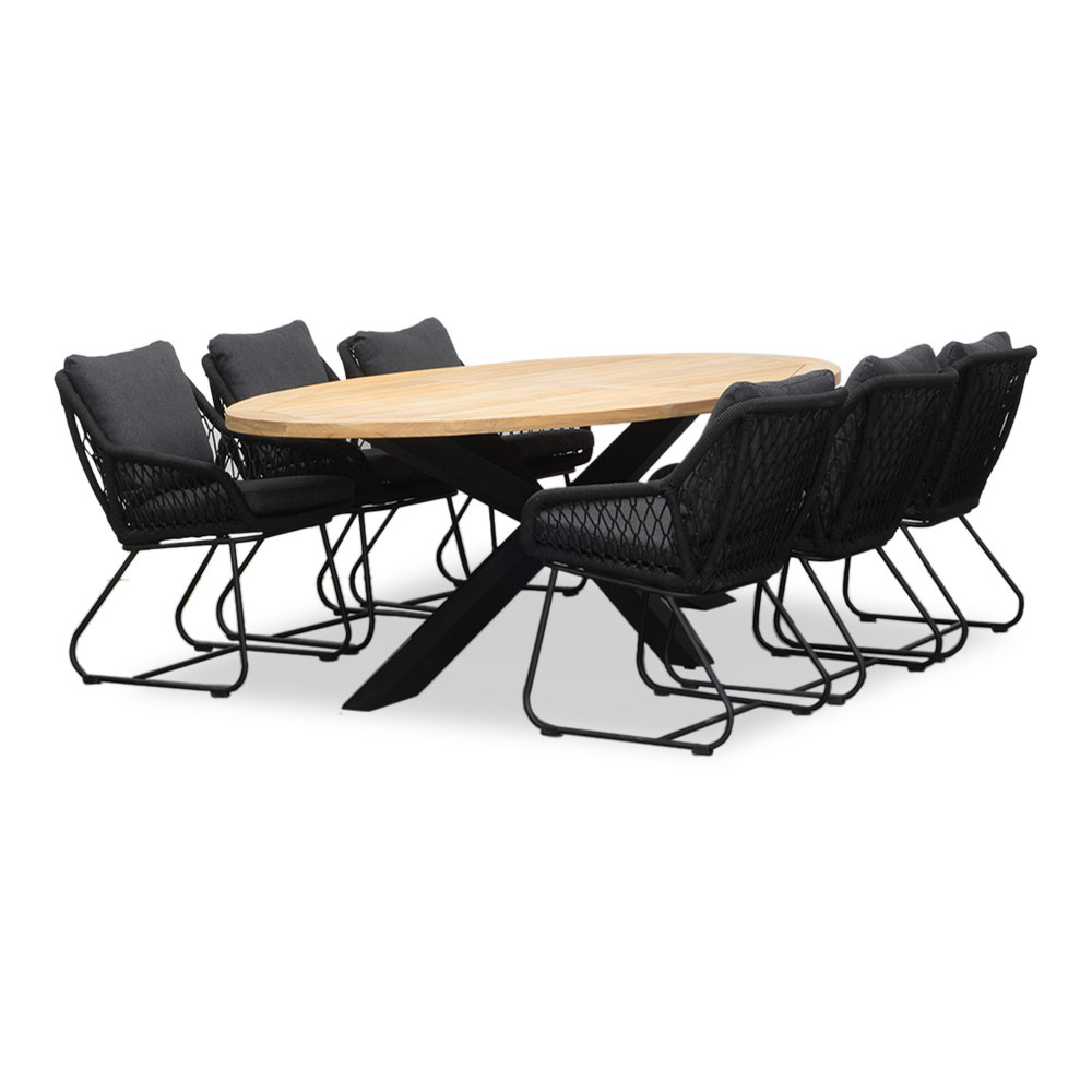 Cleve/Portofino zwart dining tuinset | 6 personen | teakhout + touw | 240cm ovaal afbeelding
