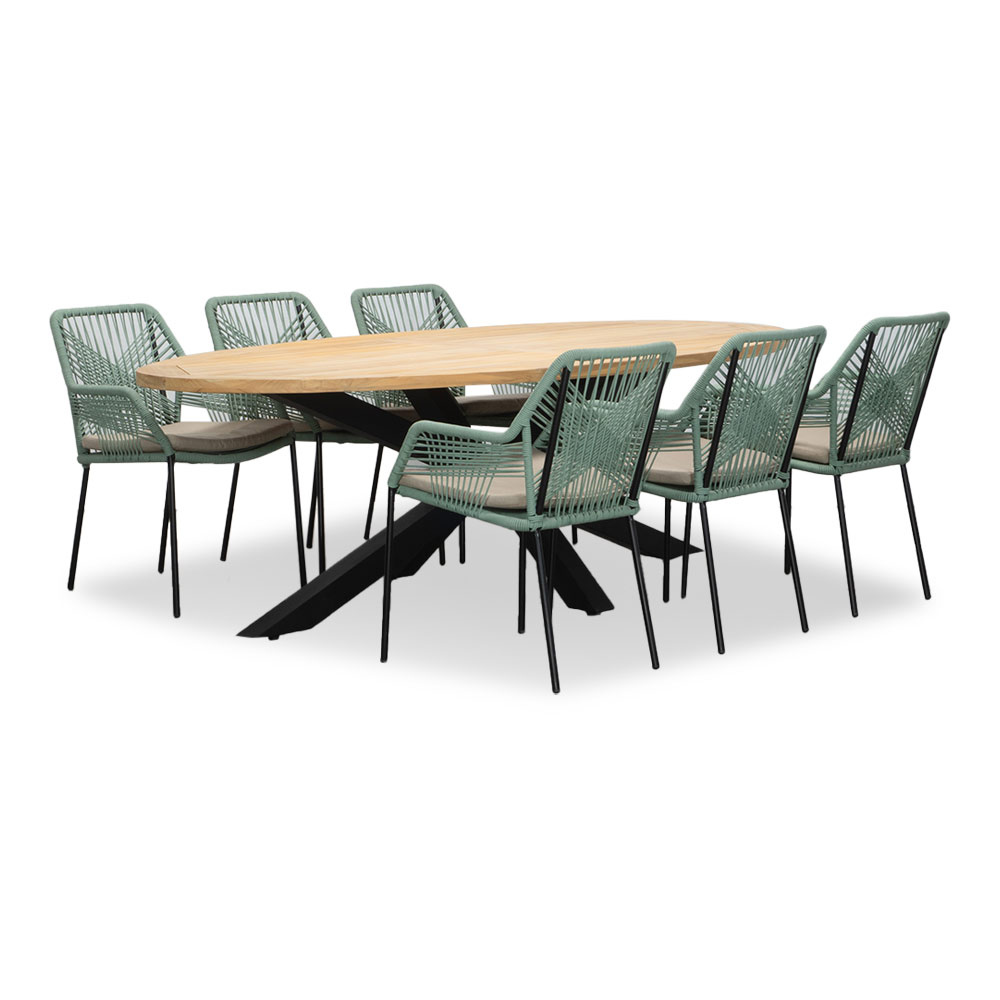 Cleve/Seville mint dining tuinset | 6 personen | teakhout + touw | 240cm ovaal