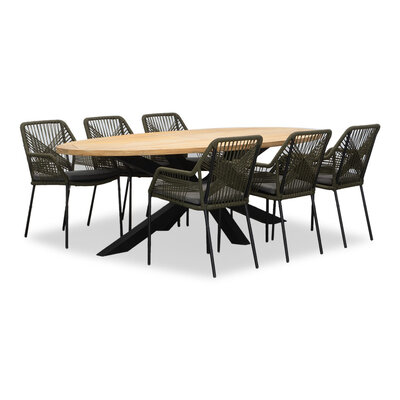 Cleve/Seville olijfgroen dining tuinset | 6 personen | teakhout + touw | 240cm ovaal