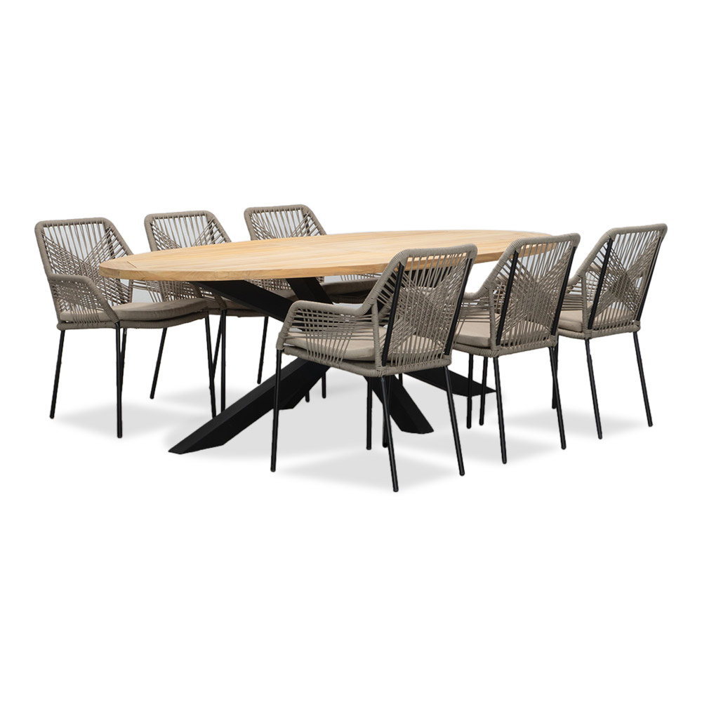 Cleve/Seville zand dining tuinset | 6 personen | teakhout + touw | 240cm ovaal