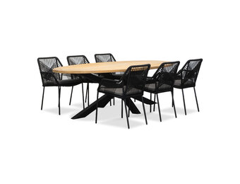 Cleve/Seville zwart dining tuinset | 6 personen | teakhout + touw | 240cm ovaal