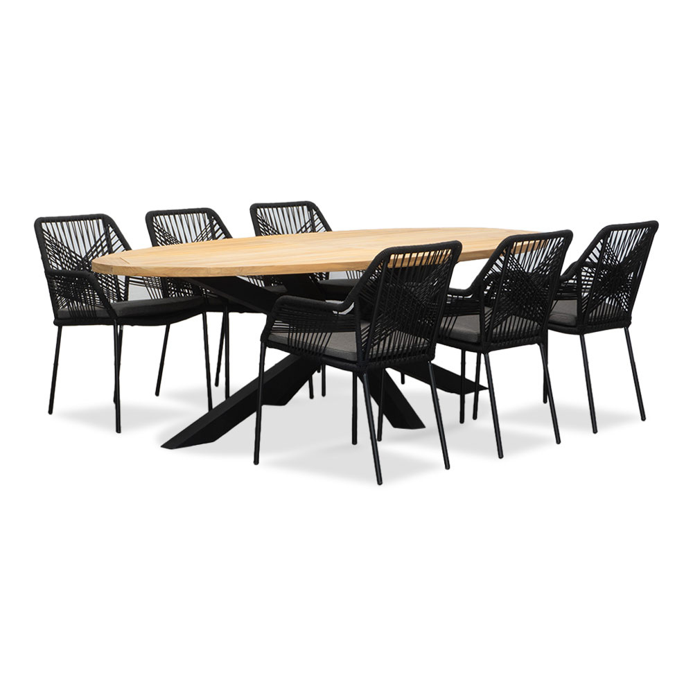 Cleve/Seville zwart dining tuinset | 6 personen | teakhout + touw | 240cm ovaal