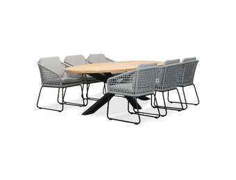 Cleve/Tulum grijs dining tuinset | 6 personen | teakhout + touw | 240cm ovaal