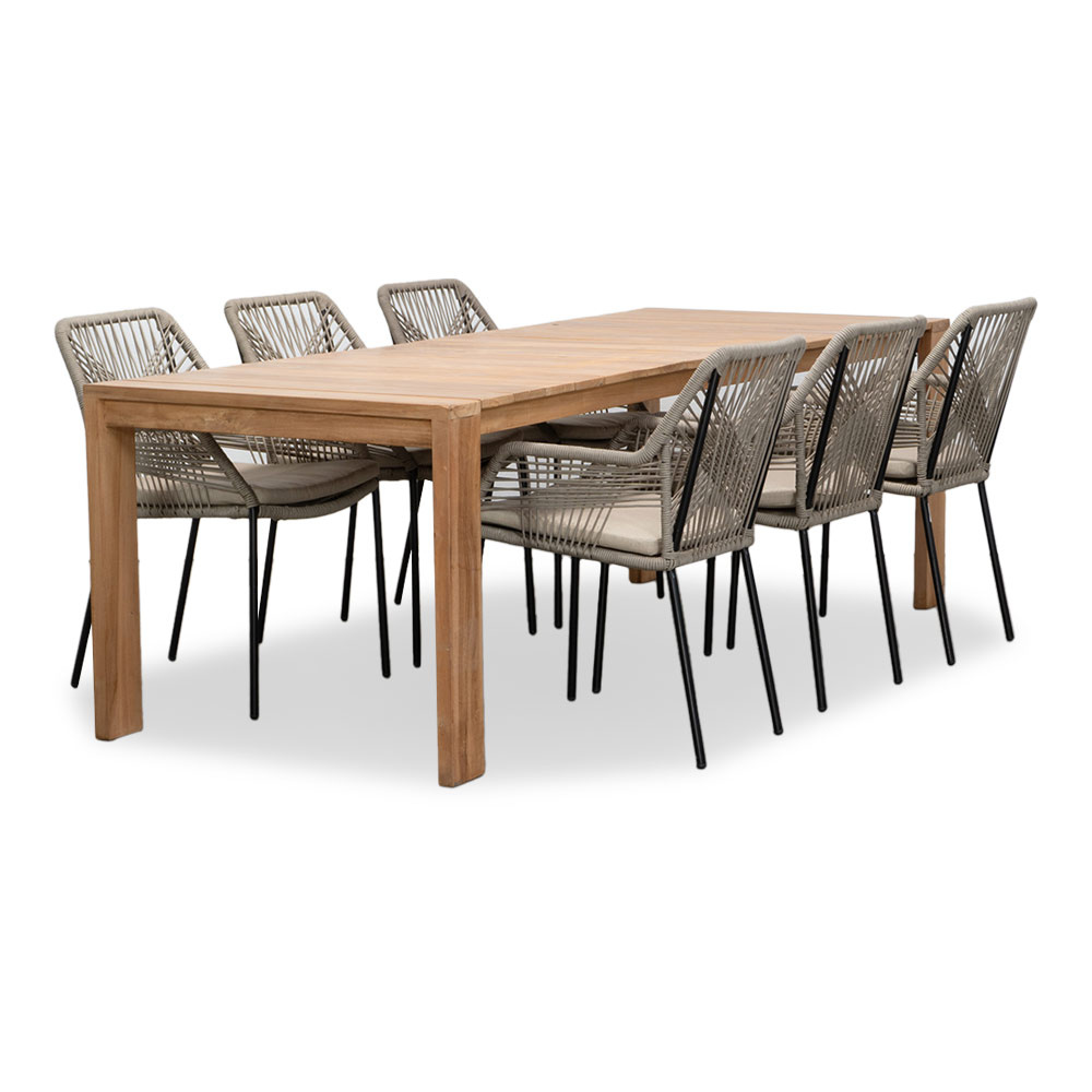 Oakland/Seville zand dining tuinset | 6 personen | teakhout + touw | 240cm