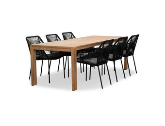Oakland/Seville zwart dining tuinset | 6 personen | teakhout + touw | 240cm