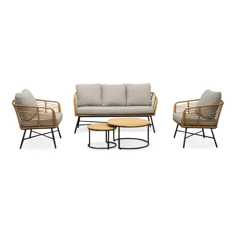 Flow stoel-bank loungeset 5 personen | wicker + teakhout | Bamboo taupe | 3-delig