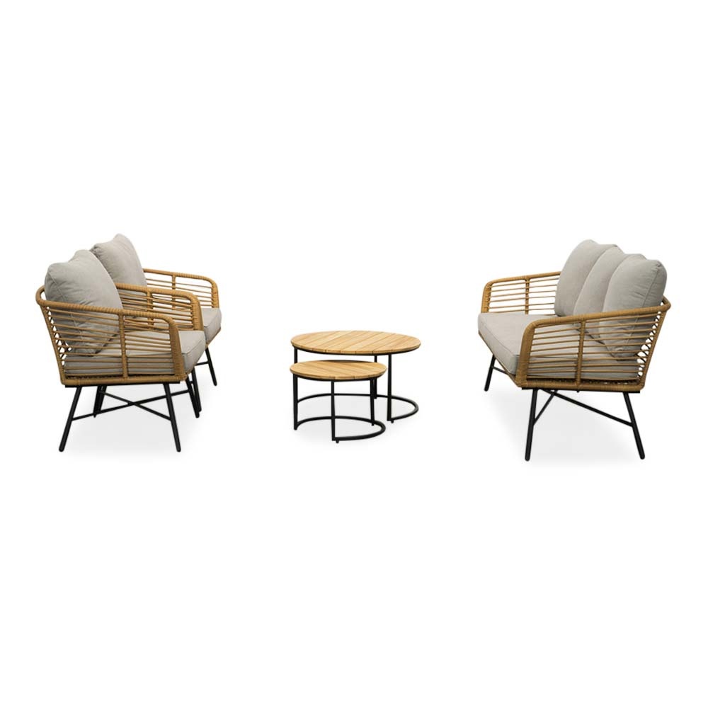 Flow stoel-bank loungeset 5 personen | wicker + teakhout | Bamboo taupe | 3-delig