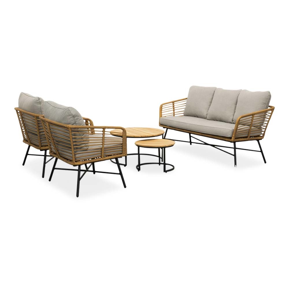 Flow stoel-bank loungeset 5 personen | wicker + teakhout | Bamboo taupe | 3-delig