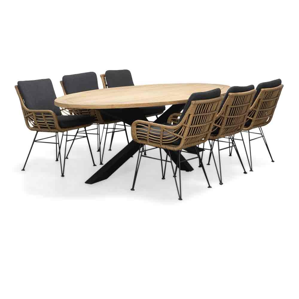 Cleve/Carlos antraciet dining tuinset | 6 personen | teakhout + wicker | 240cm ovaal afbeelding