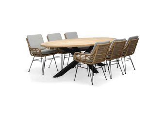 Cleve/Carlos taupe dining tuinset | 6 personen | teakhout + wicker | 240cm ovaal