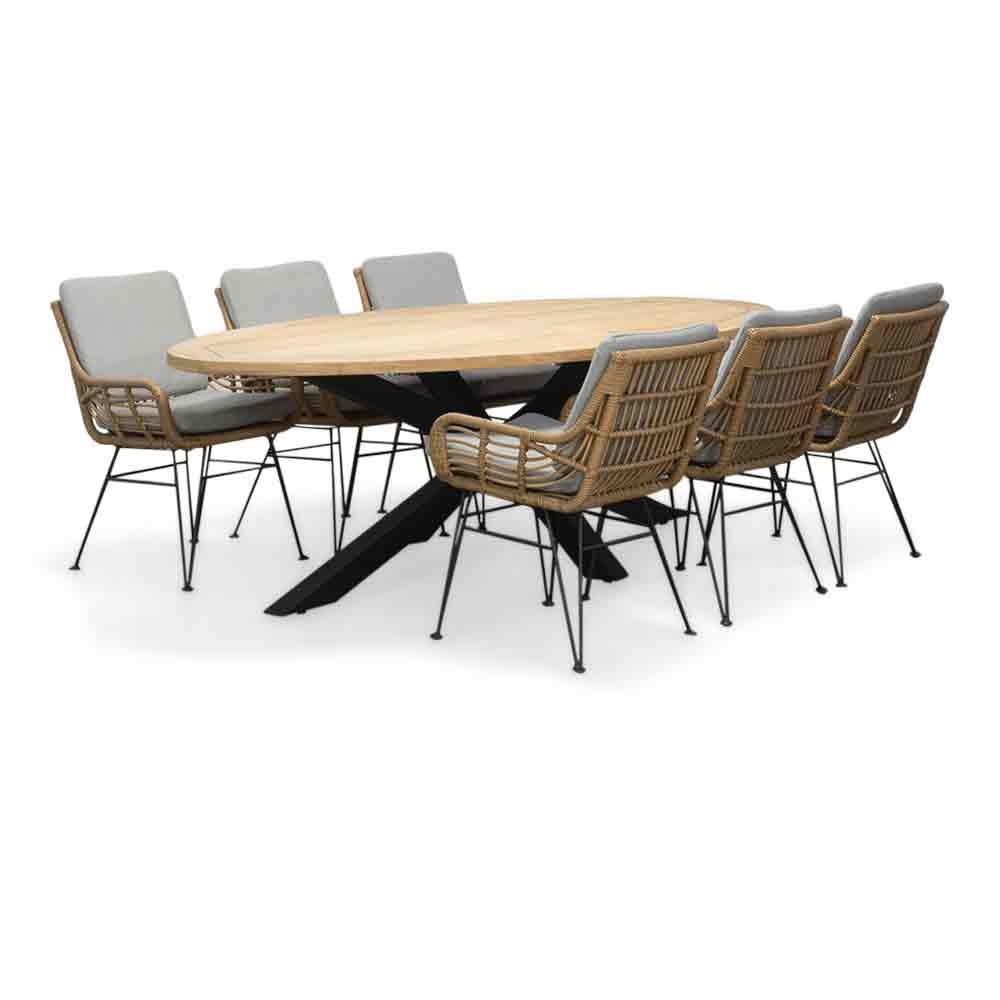 Cleve/Carlos taupe dining tuinset | 6 personen | teakhout + wicker | 240cm ovaal