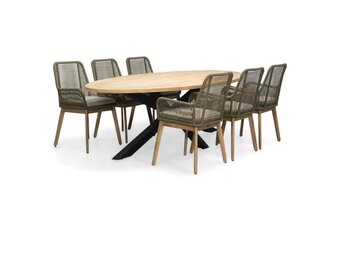 Cleve/Padua olijfgroen dining tuinset | 6 personen | teakhout + touw | 240cm ovaal