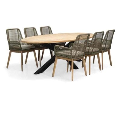 Cleve/Padua olijfgroen dining tuinset | 6 personen | teakhout + touw | 240cm ovaal