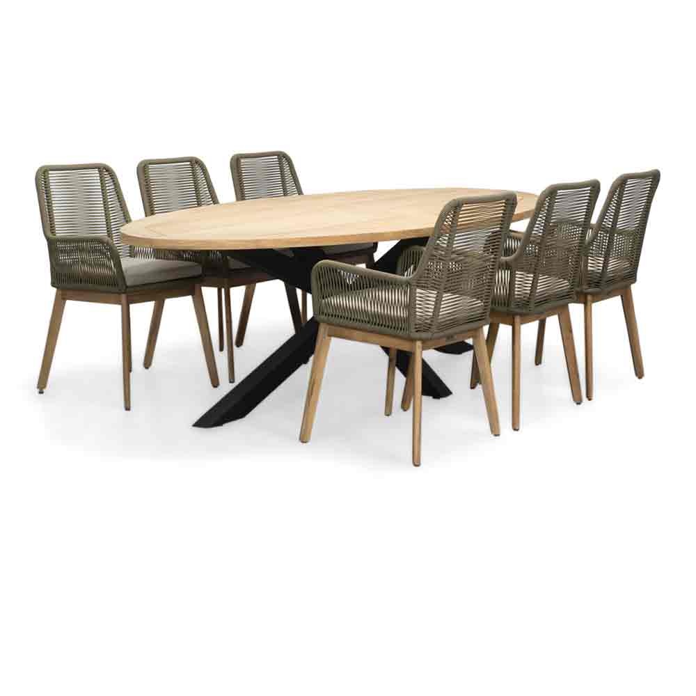 Cleve/Padua olijfgroen dining tuinset | 6 personen | teakhout + touw | 240cm ovaal