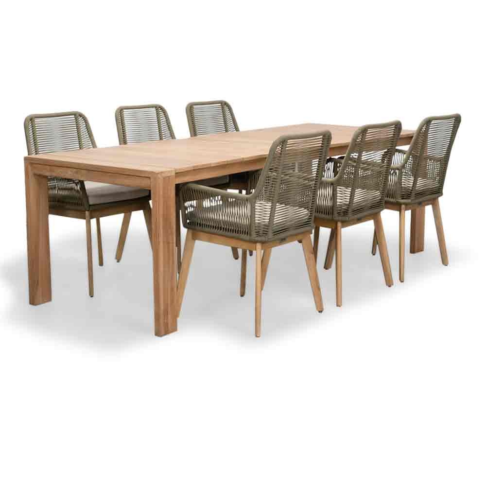 Oakland/Padua olijfgroen dining tuinset | 6 personen | teakhout + touw | 240cm
