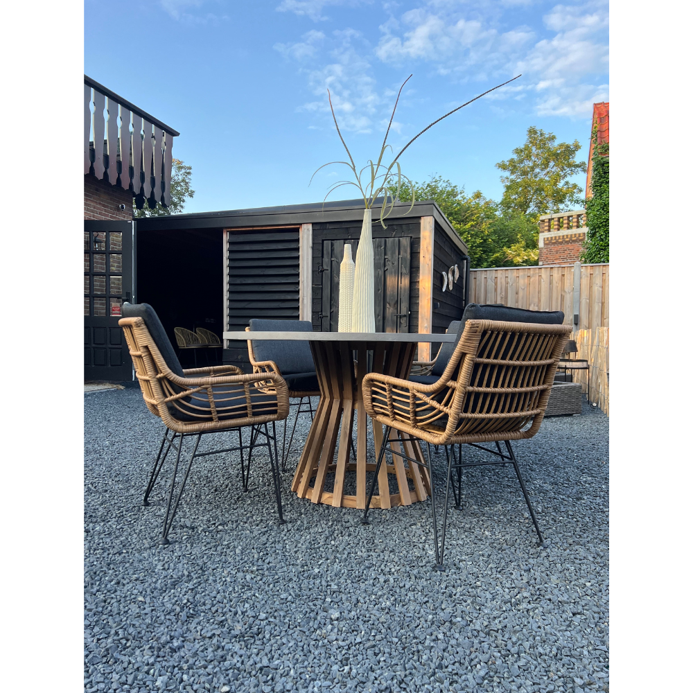 Elzas/Carlos Charcoal dining tuinset | 4 personen | betonlook + hardhout | 135cm rond