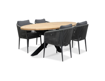 Cleve/Orlando antraciet dining tuinset | 4 personen | teakhout + touw | 200cm ovaal