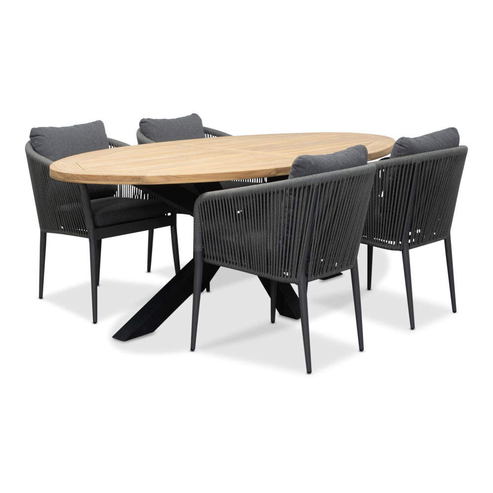 Cleve/Orlando antraciet dining tuinset | 4 personen | teakhout + touw | 200cm ovaal