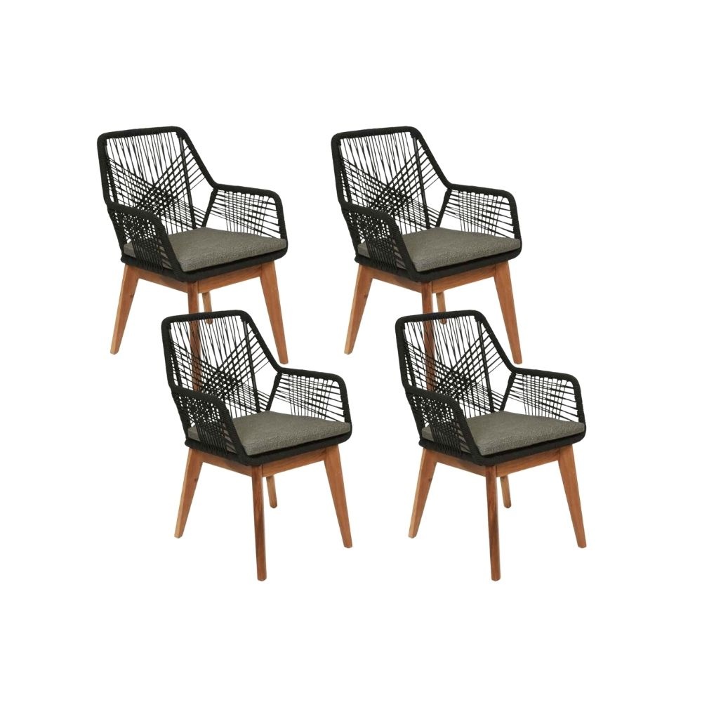 Seville dining tuinstoel set van 4 | touw + hardhout | zwart afbeelding