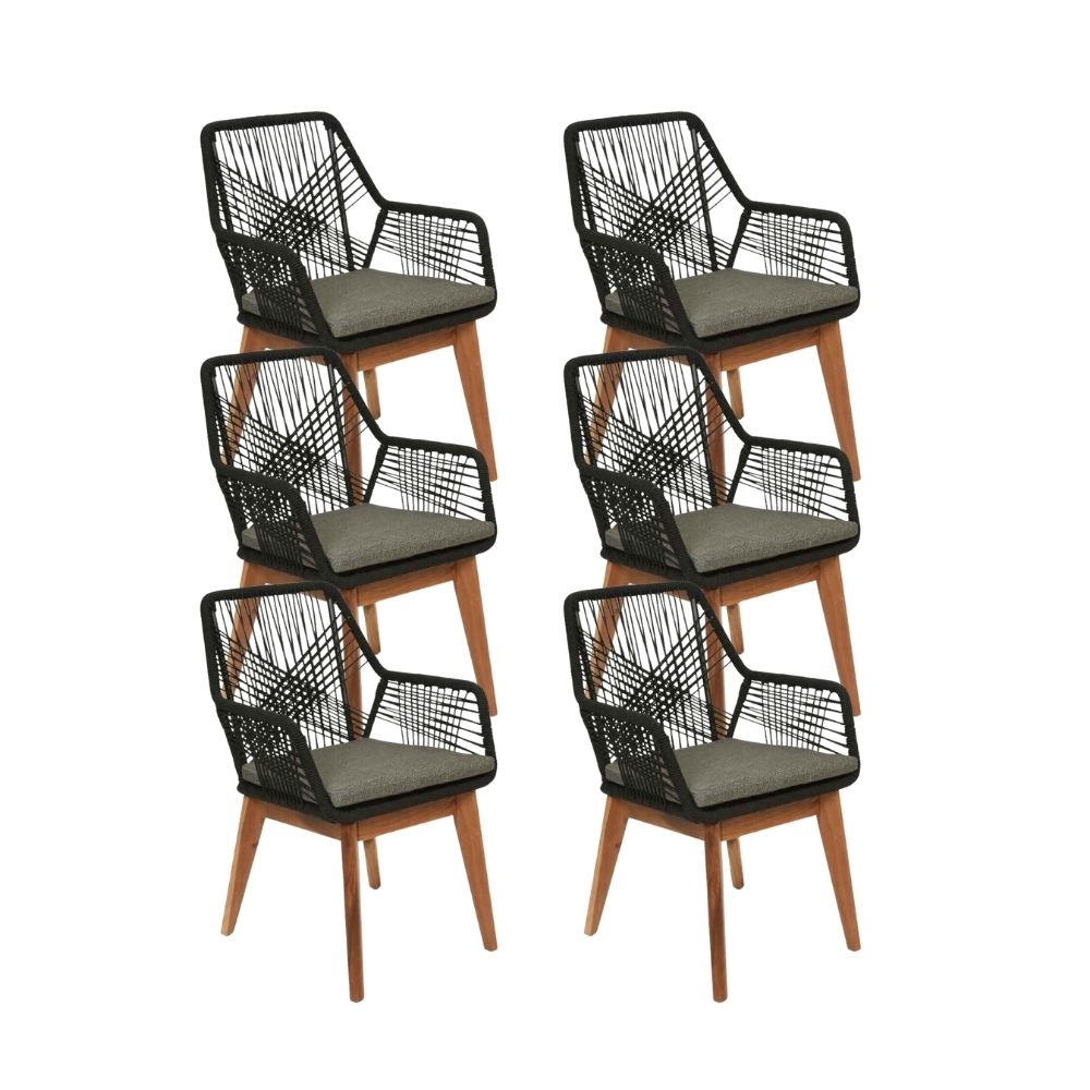 Seville dining tuinstoel set van 6 | touw + hardhout | zwart afbeelding