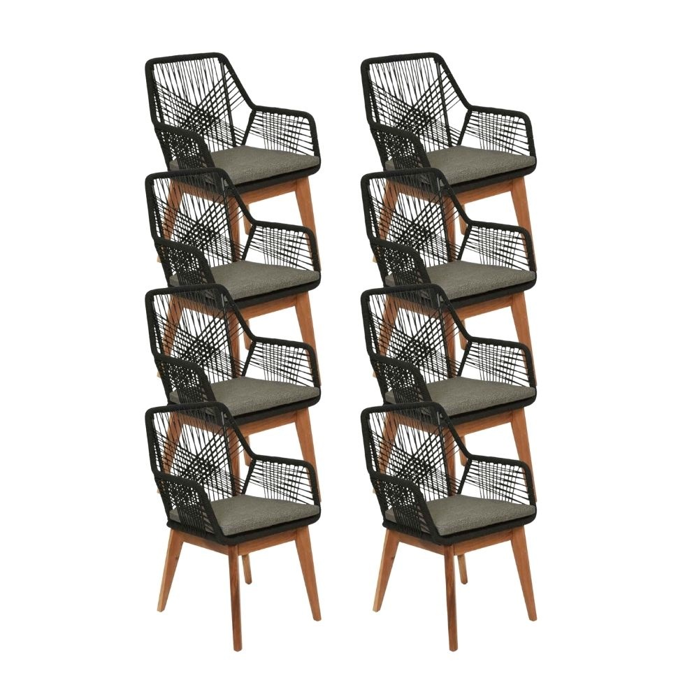 Seville dining tuinstoel set van 8 | touw + hardhout | zwart afbeelding