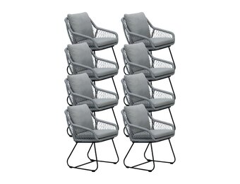 Portofino dining tuinstoel set van 8 | touw + RVS | grijs