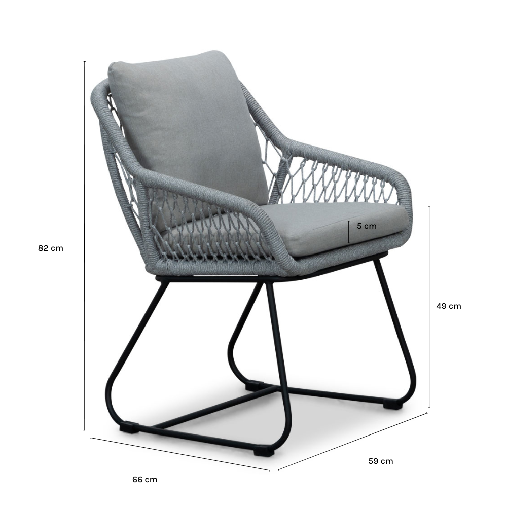 Portofino dining tuinstoel set van 8 | touw + RVS | grijs