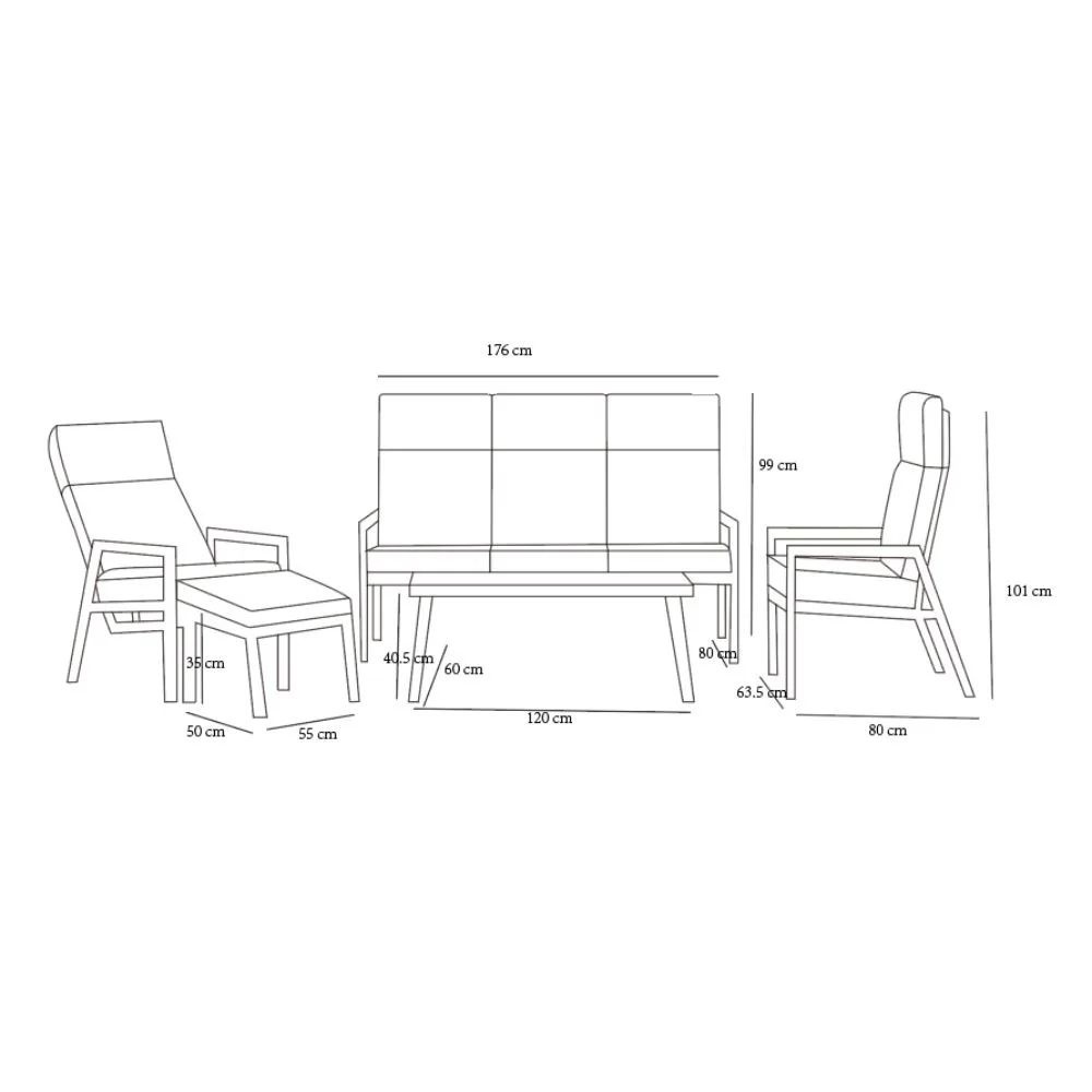 Melson stoel-bank loungeset - verstelbaar 5 personen | aluminium | antraciet | 5-delig