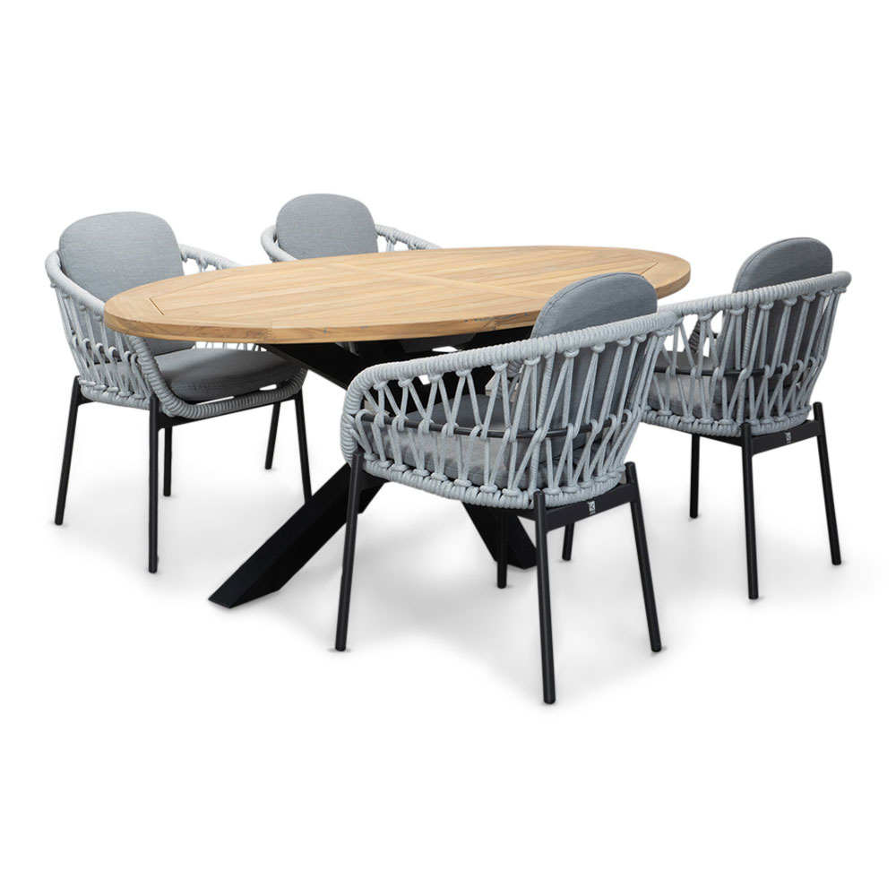 Cleve/Bari wit dining tuinset | 4 personen | teakhout + touw | 200cm ovaal