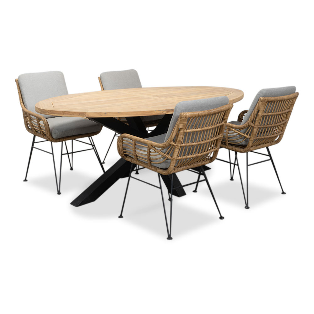 Cleve/Carlos taupe dining tuinset | 4 personen | teakhout + wicker | 200cm ovaal