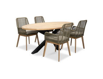 Cleve/Padua olijfgroen dining tuinset | 4 personen | teakhout + touw | 200cm ovaal